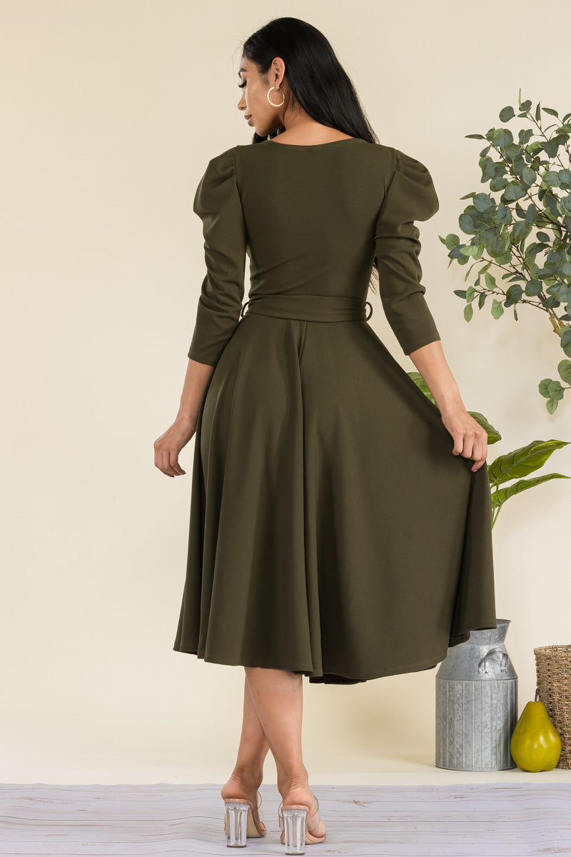 HH698R-LS-S - PUFF LONG SLEEVE MIDI COCKTAIL DRESS