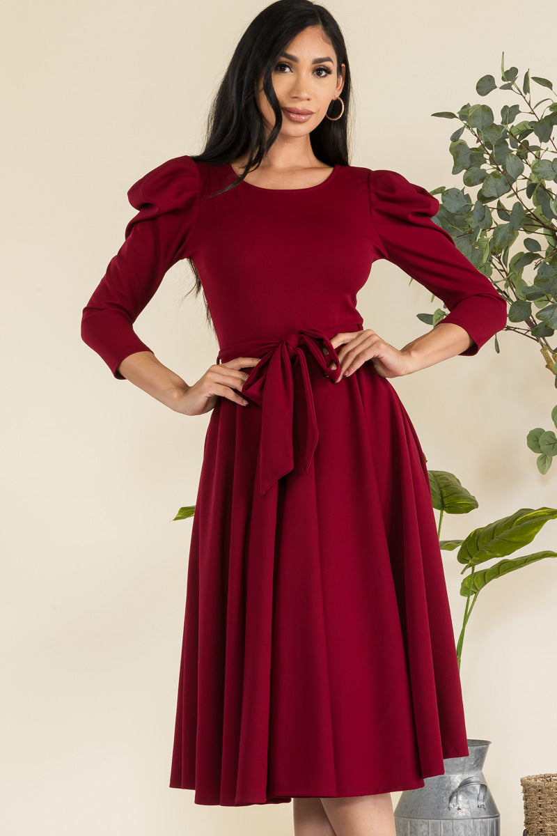 HH698R-LS-S - PUFF LONG SLEEVE MIDI COCKTAIL DRESS