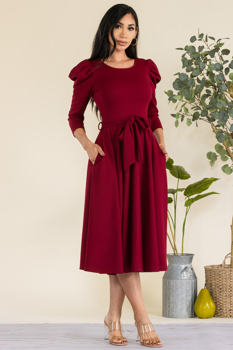 HH698R-LS-S - PUFF LONG SLEEVE MIDI COCKTAIL DRESS