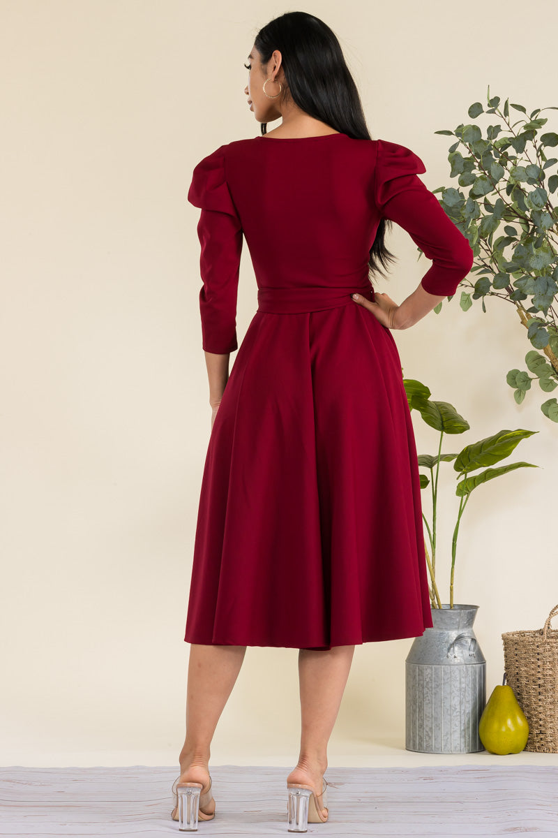 HH698R-LS-S - PUFF LONG SLEEVE MIDI COCKTAIL DRESS