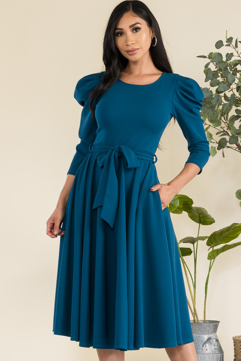 HH698R-LS-S - PUFF LONG SLEEVE MIDI COCKTAIL DRESS