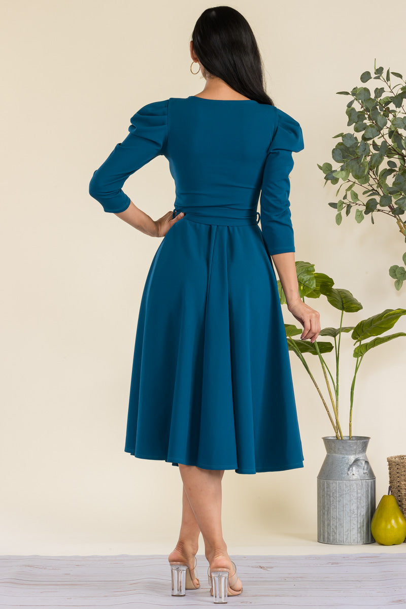 HH698R-LS-S - PUFF LONG SLEEVE MIDI COCKTAIL DRESS