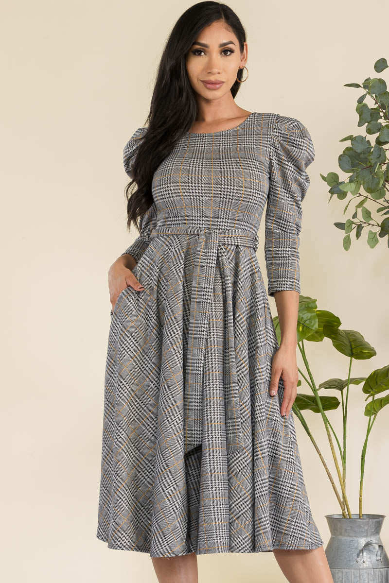 HH698R-PLAIDSTRIPE - PUFF 3/4 SLEEVE MIDI COCKTAIL DRESS