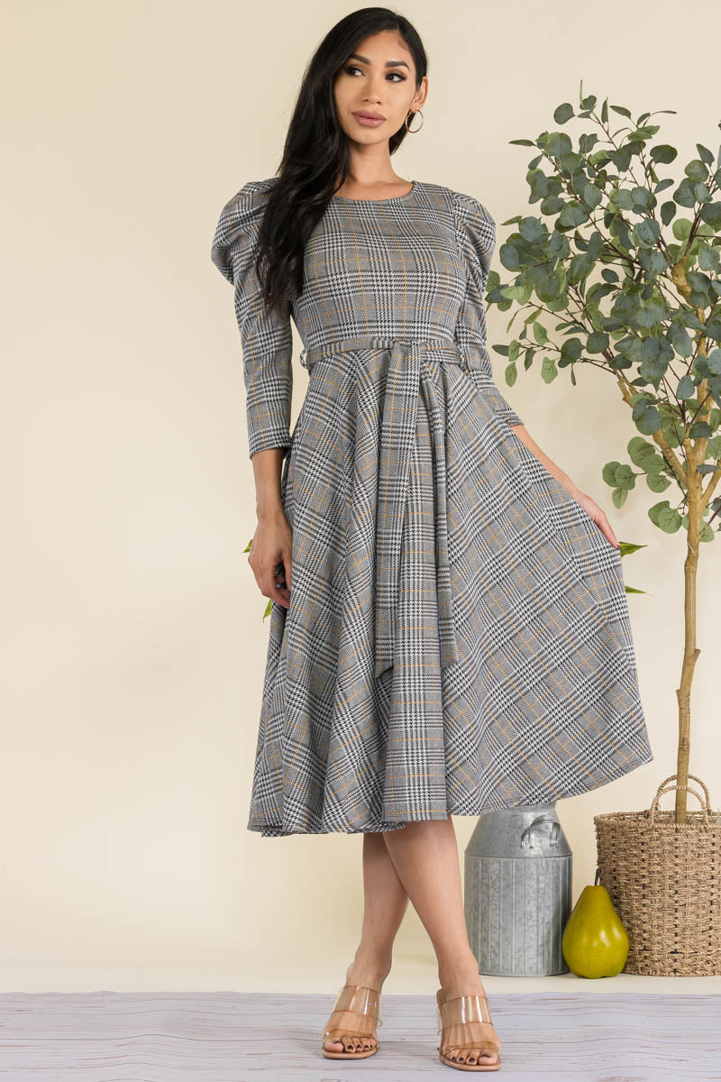 HH698R-PLAIDSTRIPE - PUFF 3/4 SLEEVE MIDI COCKTAIL DRESS