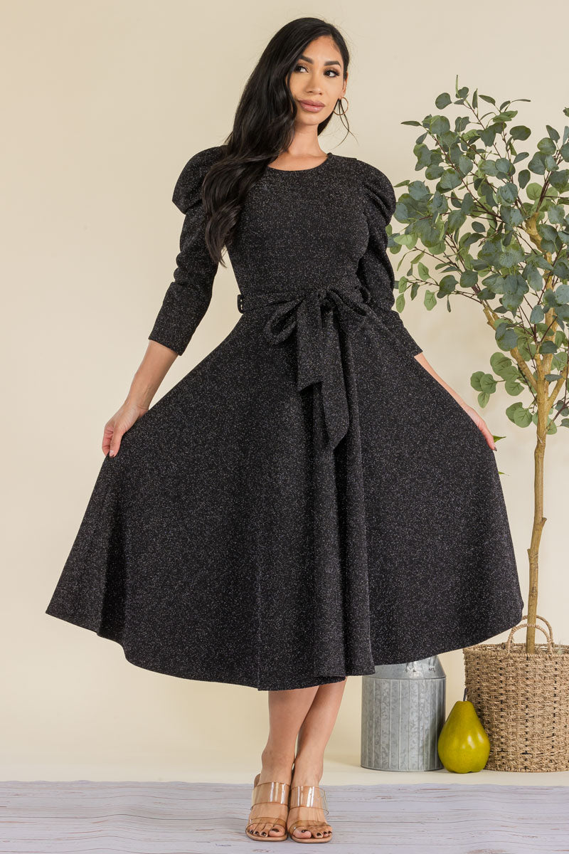 HH698R-GLITTER - PUFF 3/4 SLEEVE MIDI COCKTAIL DRESS