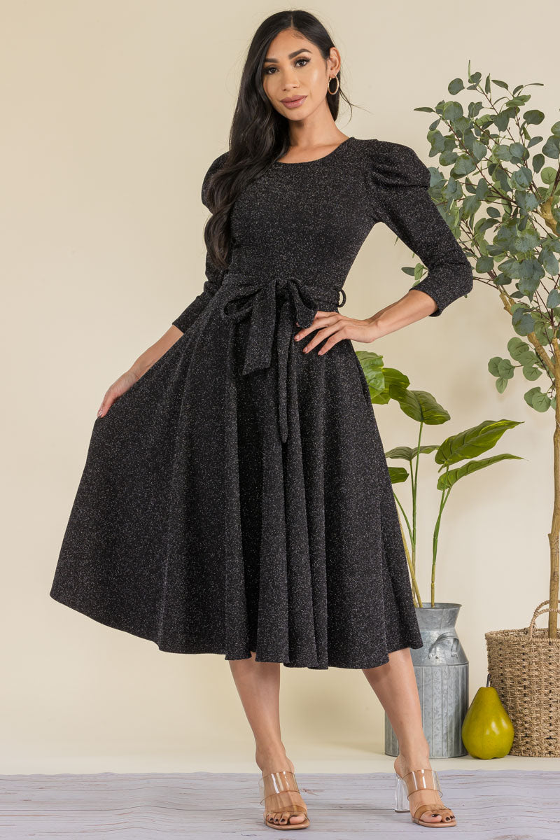 HH698X-GLITTER - PUFF 3/4 SLEEVE MIDI COCKTAIL DRESS