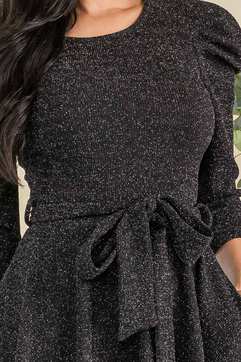 HH698R-GLITTER - PUFF 3/4 SLEEVE MIDI COCKTAIL DRESS