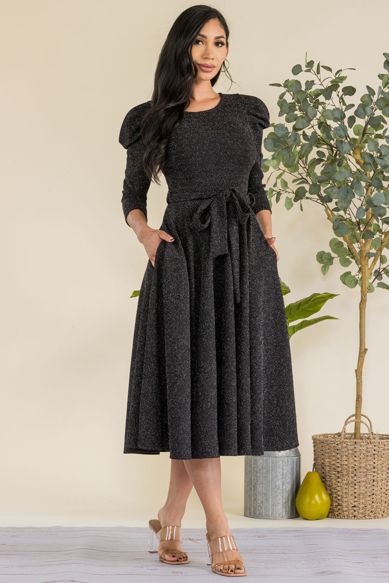 HH698X-GLITTER - PUFF 3/4 SLEEVE MIDI COCKTAIL DRESS