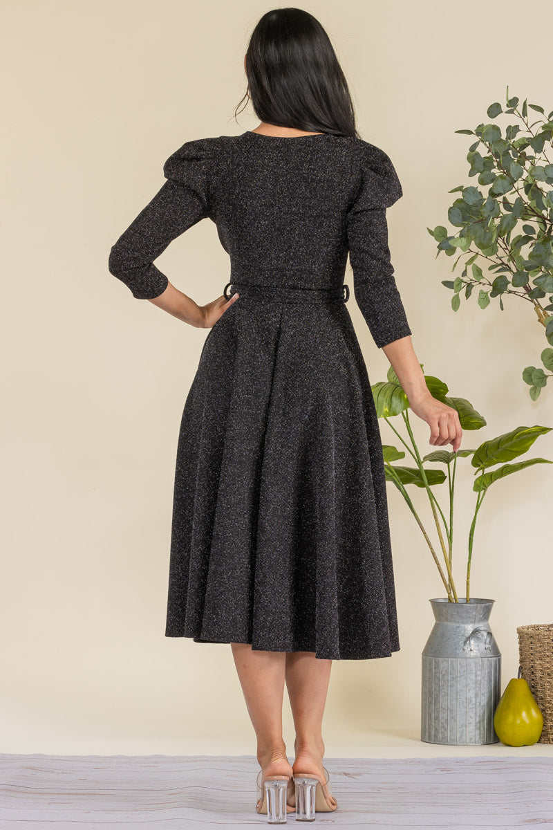 HH698R-GLITTER - PUFF 3/4 SLEEVE MIDI COCKTAIL DRESS