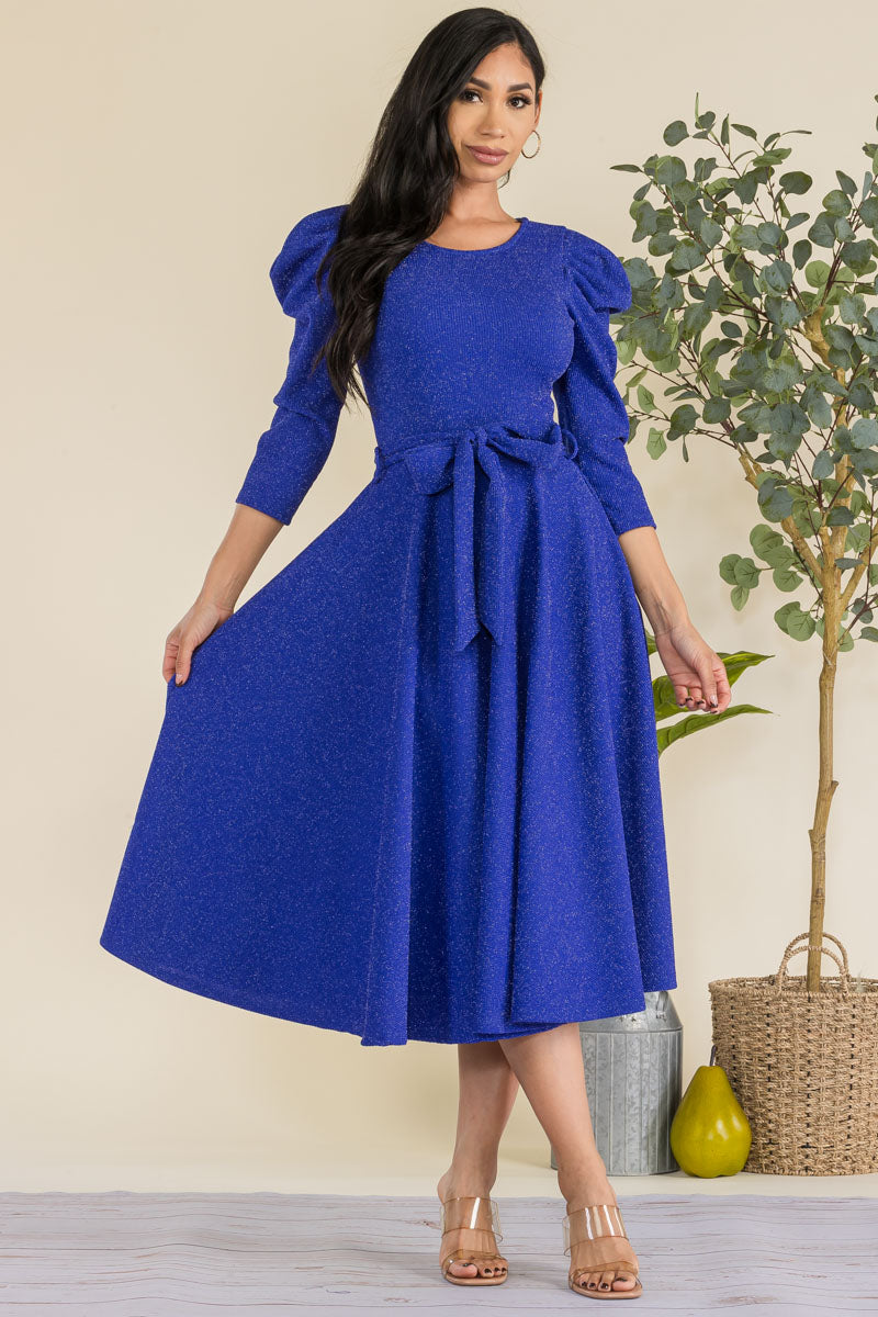 HH698R-GLITTER - PUFF 3/4 SLEEVE MIDI COCKTAIL DRESS