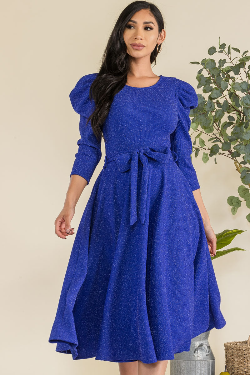 HH698R-GLITTER - PUFF 3/4 SLEEVE MIDI COCKTAIL DRESS