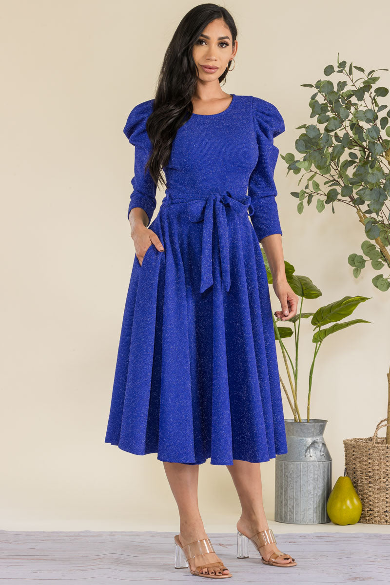 HH698R-GLITTER - PUFF 3/4 SLEEVE MIDI COCKTAIL DRESS