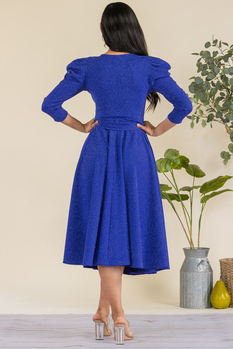 HH698R-GLITTER - PUFF 3/4 SLEEVE MIDI COCKTAIL DRESS