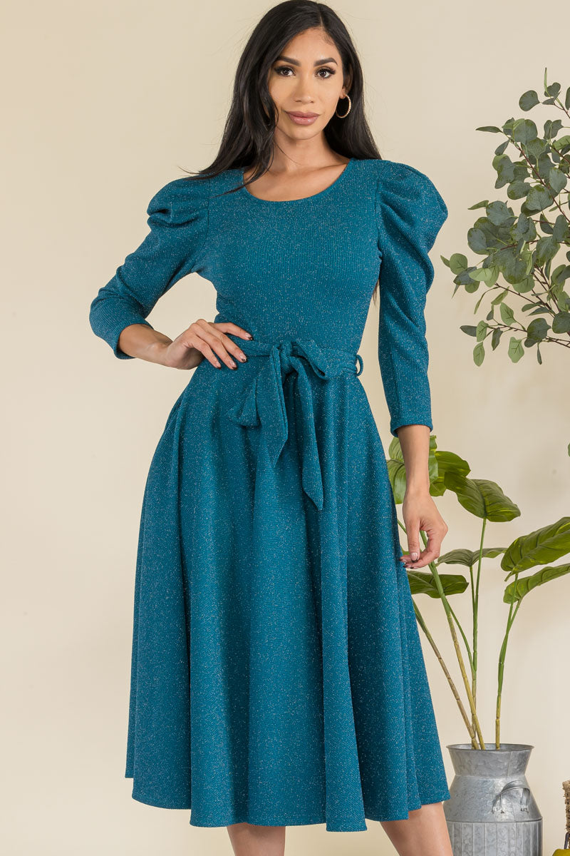 HH698R-GLITTER - PUFF 3/4 SLEEVE MIDI COCKTAIL DRESS