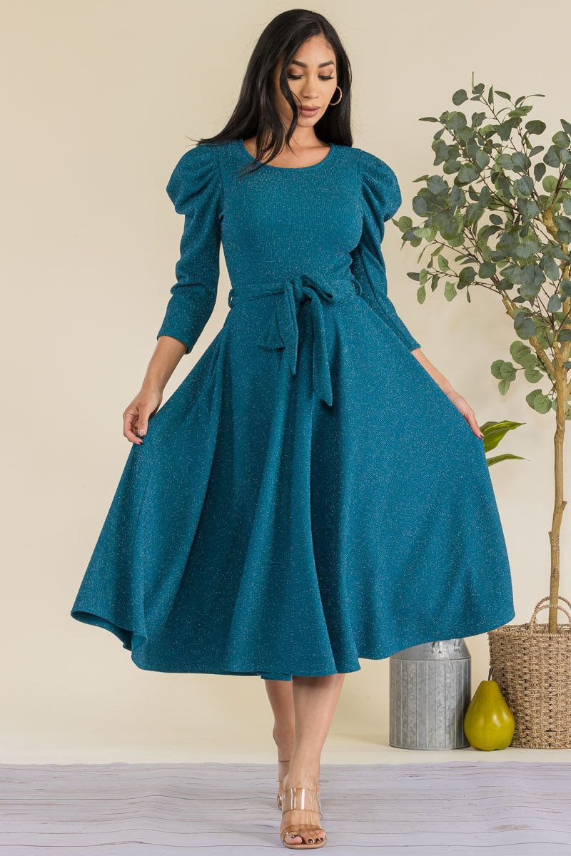 HH698R-GLITTER - PUFF 3/4 SLEEVE MIDI COCKTAIL DRESS