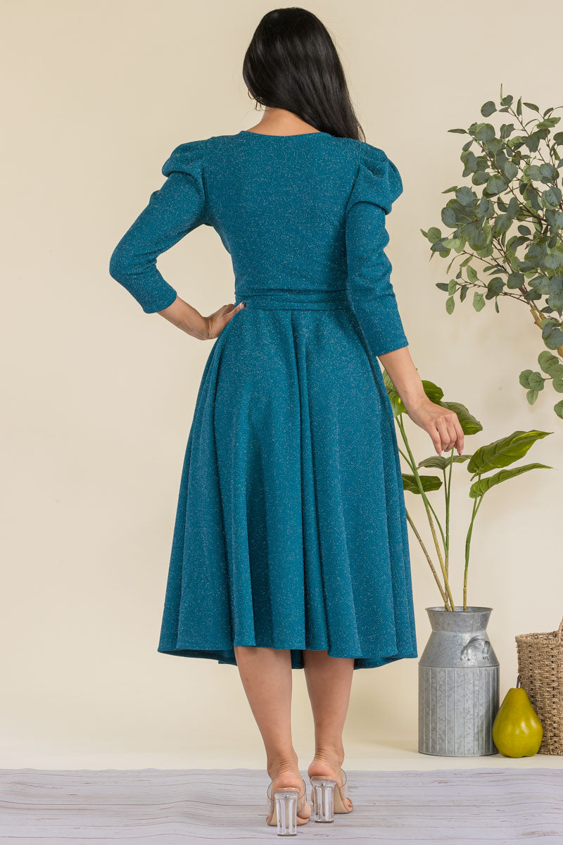 HH698R-GLITTER - PUFF 3/4 SLEEVE MIDI COCKTAIL DRESS