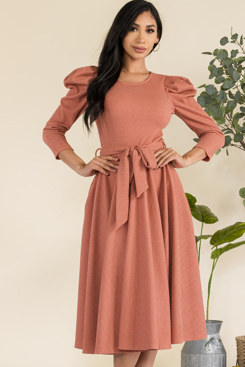 HH698R-GLITTER - PUFF 3/4 SLEEVE MIDI COCKTAIL DRESS