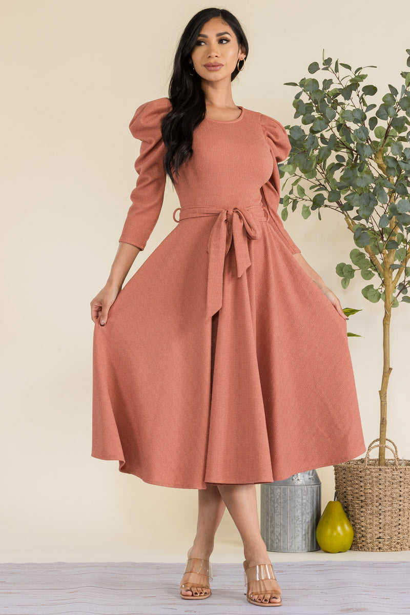 HH698R-GLITTER - PUFF 3/4 SLEEVE MIDI COCKTAIL DRESS