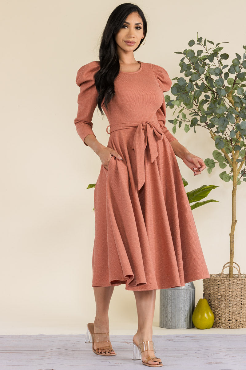 HH698R-GLITTER - PUFF 3/4 SLEEVE MIDI COCKTAIL DRESS