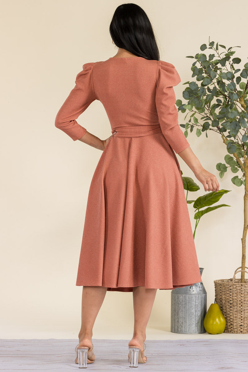 HH698R-GLITTER - PUFF 3/4 SLEEVE MIDI COCKTAIL DRESS