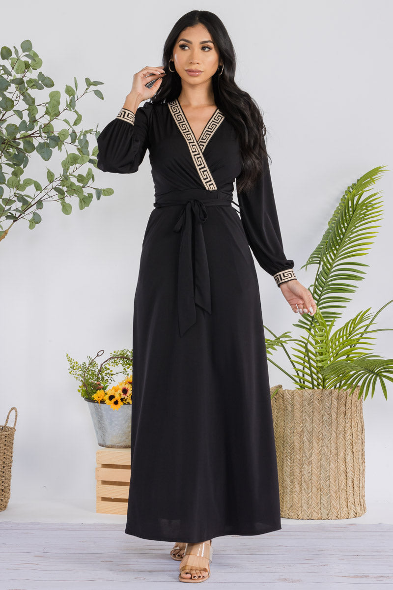HH747R-SOLID - GEOMETRIC DETAIL MAXI WRAP DRESS