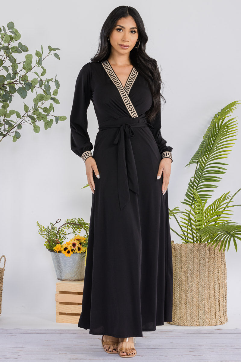 HH747R-SOLID - GEOMETRIC DETAIL MAXI WRAP DRESS