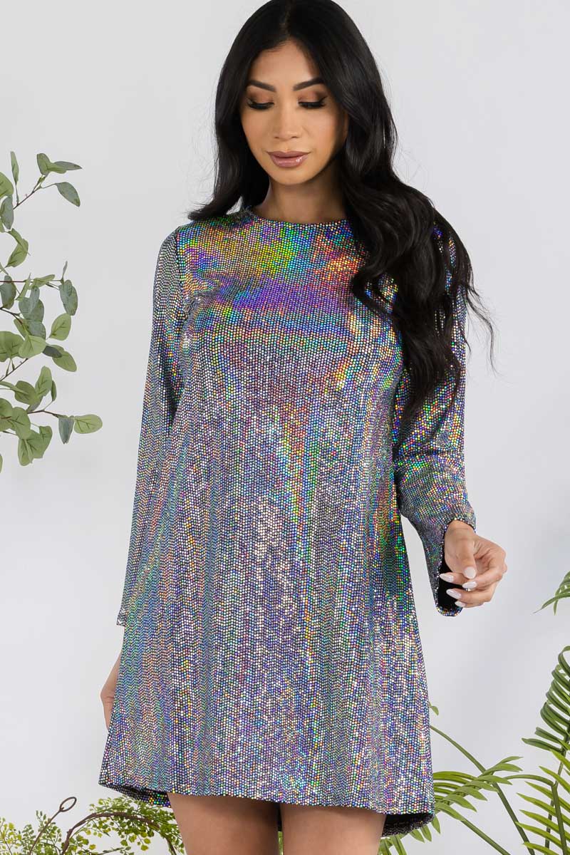 D6918 - METALLIC LONG SLEEVESLEEVE MINI DRESS