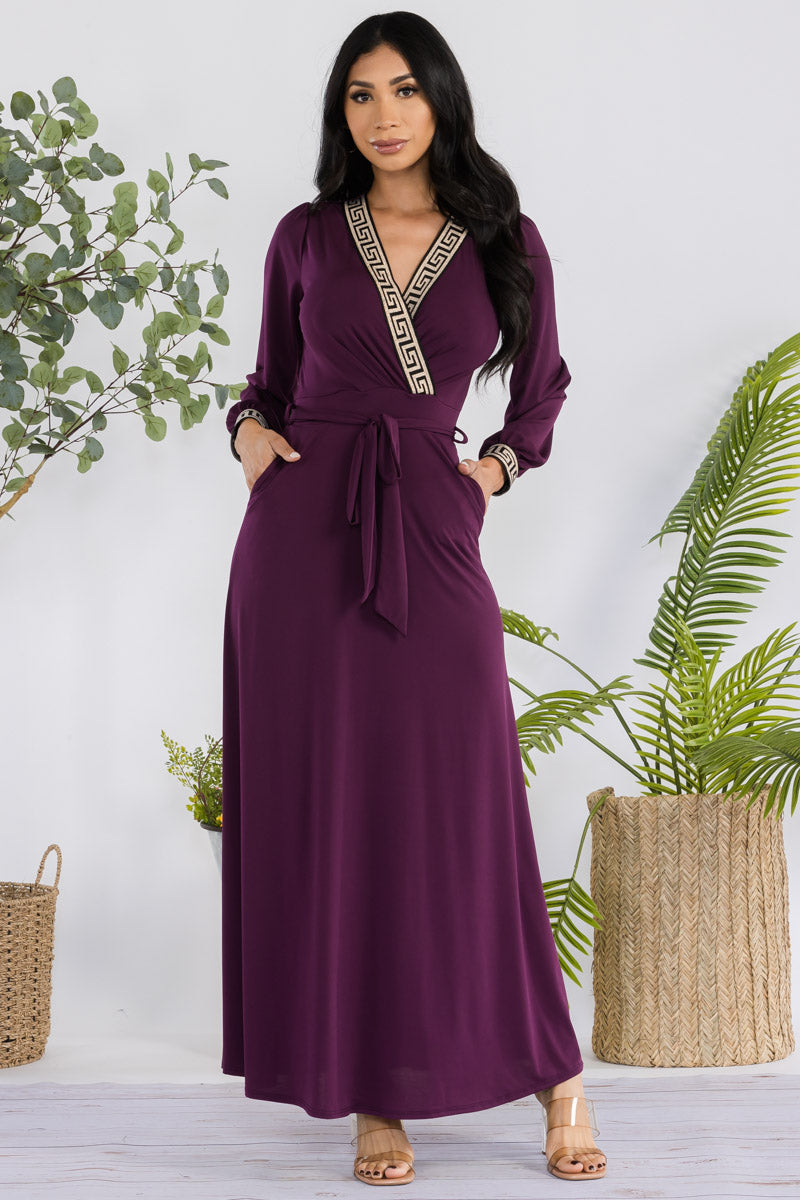HH747R-SOLID - GEOMETRIC DETAIL MAXI WRAP DRESS