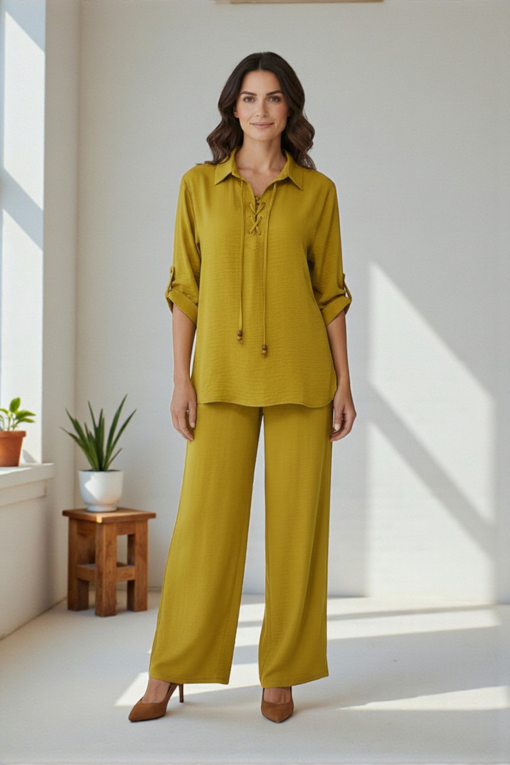 25613-R Lace-Up Relaxed Blouse & Wide-Leg Pant Set