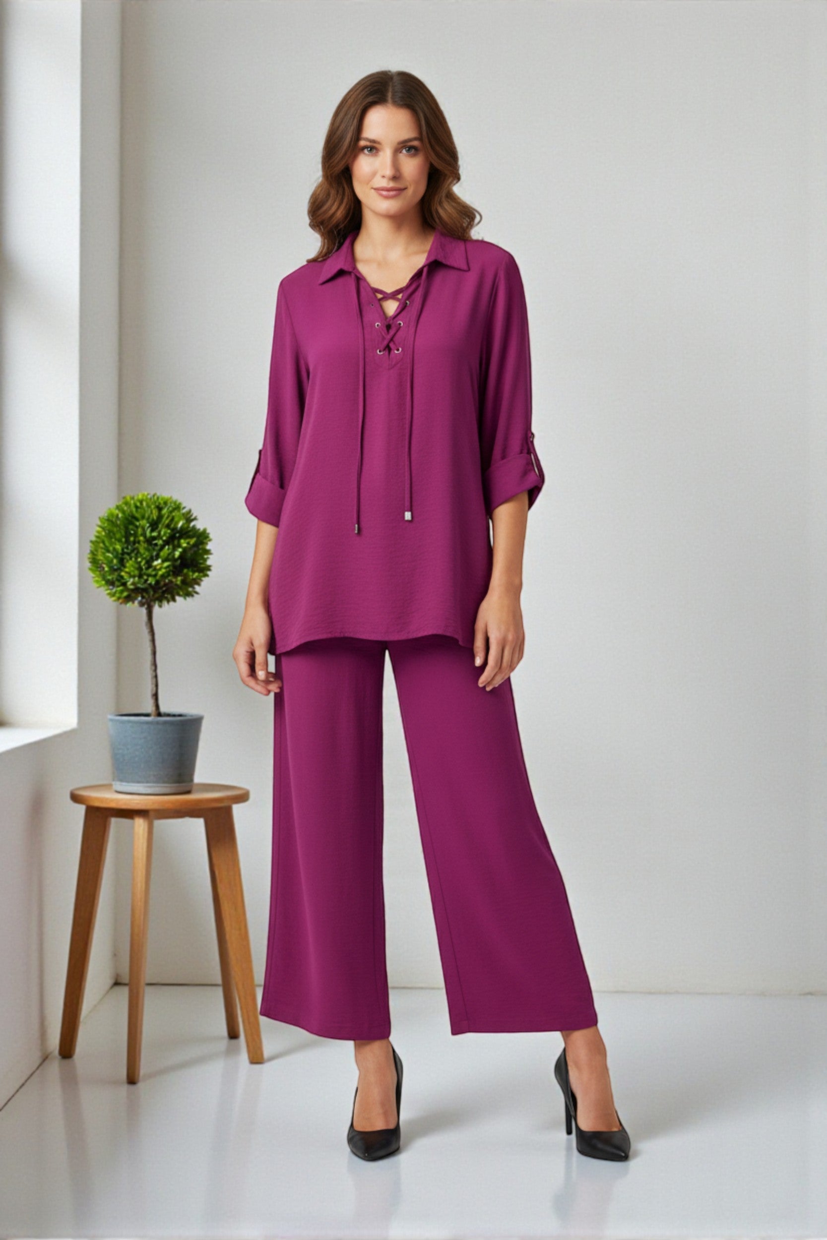 25613-R Lace-Up Relaxed Blouse & Wide-Leg Pant Set