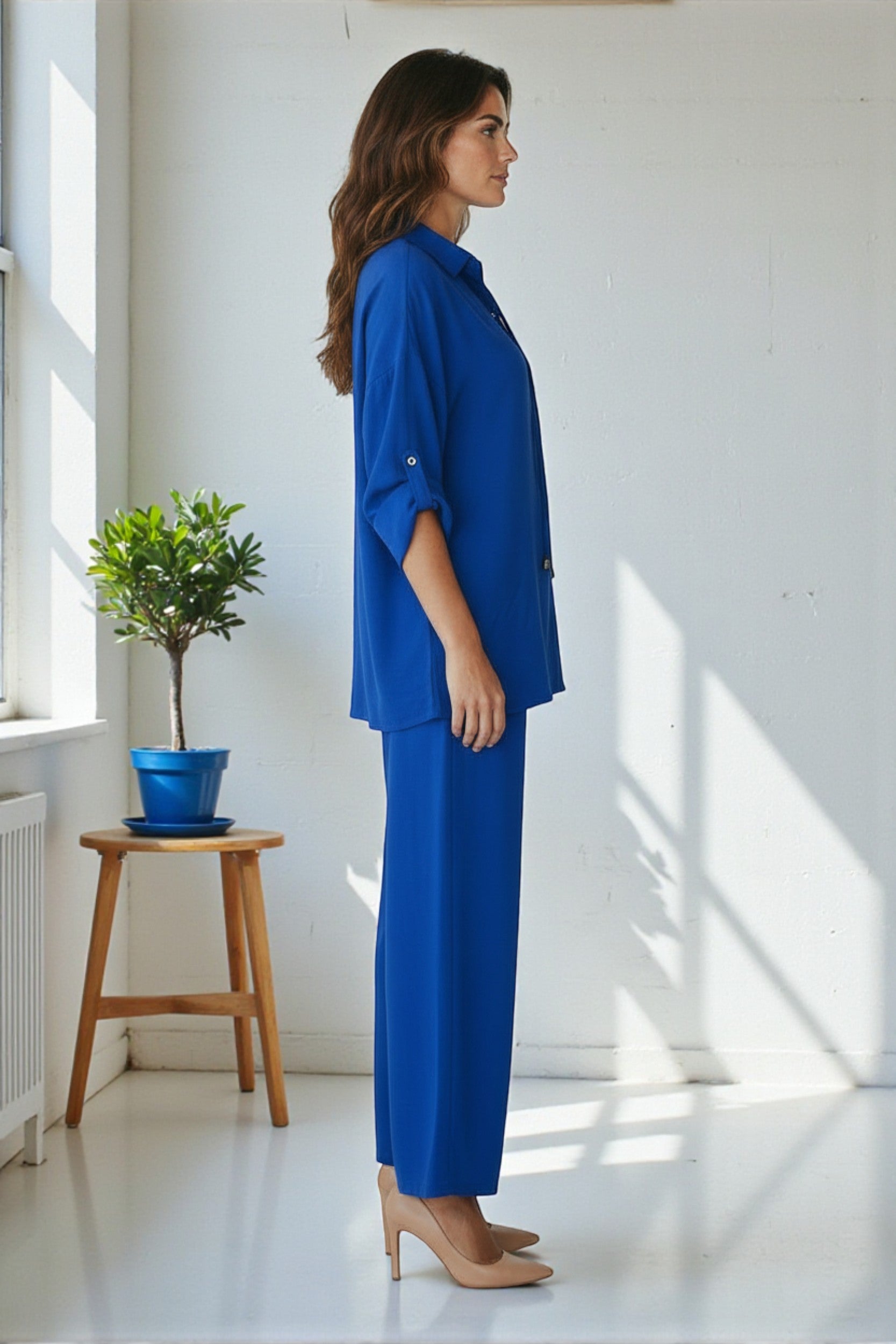 25613-R Lace-Up Relaxed Blouse & Wide-Leg Pant Set