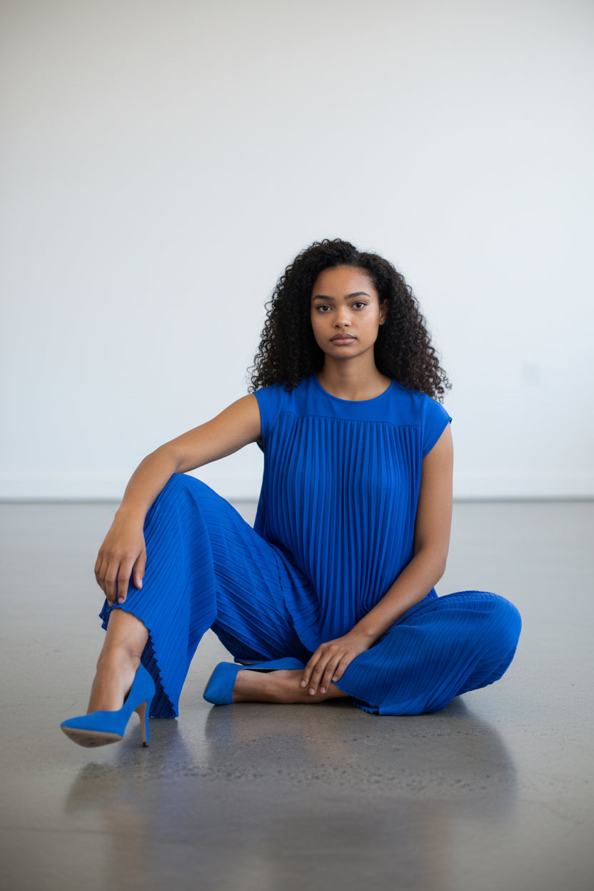 S25639-R 2PCS PLEATED TOP PANTS SET