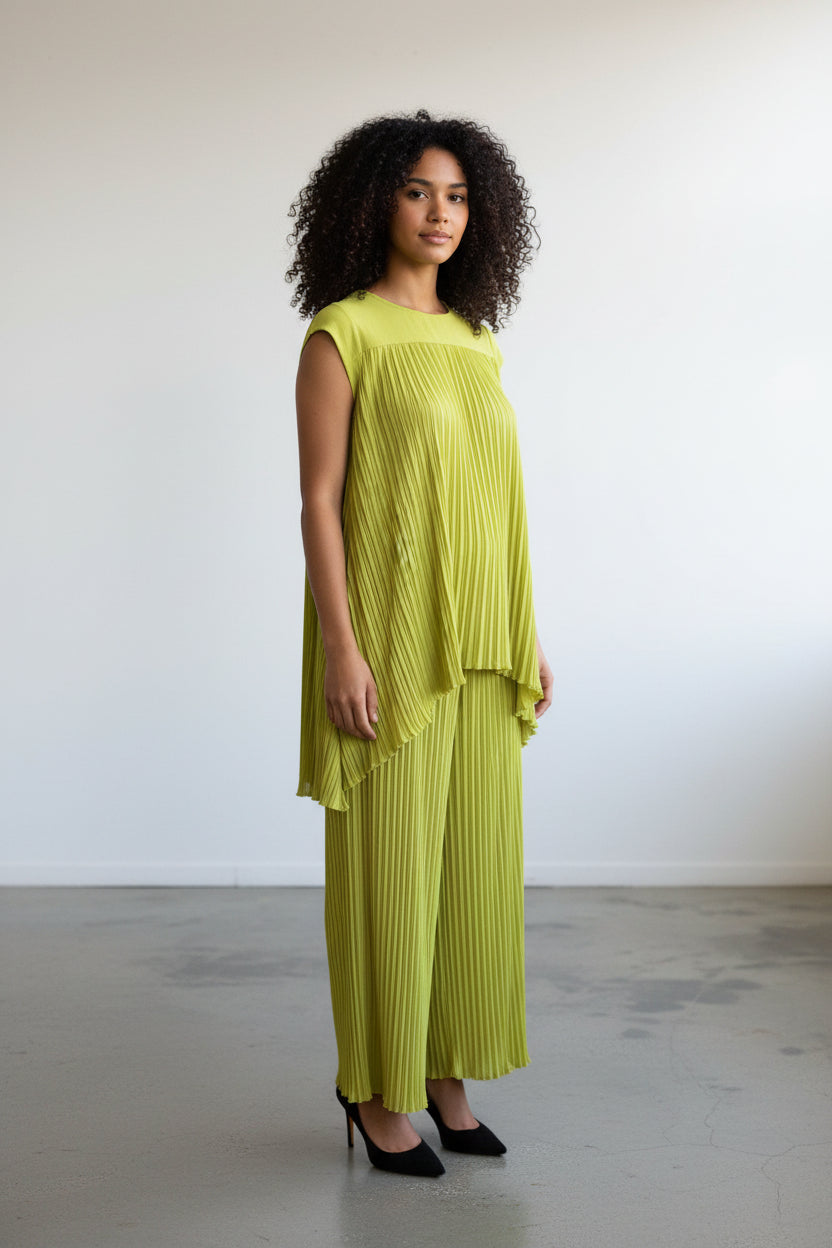 S25639-R 2PCS PLEATED TOP PANTS SET