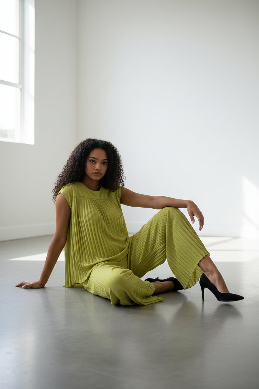 S25639-R 2PCS PLEATED TOP PANTS SET