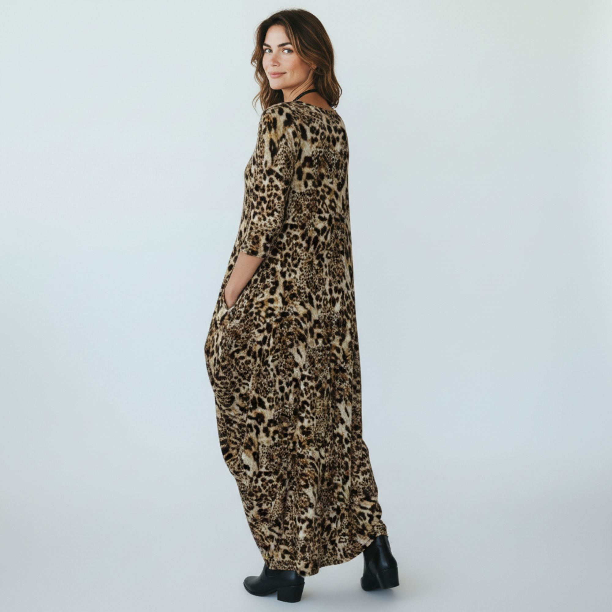 HH645R-P1 Printed Relaxed Fit Draped Maxi Dress with Pockets