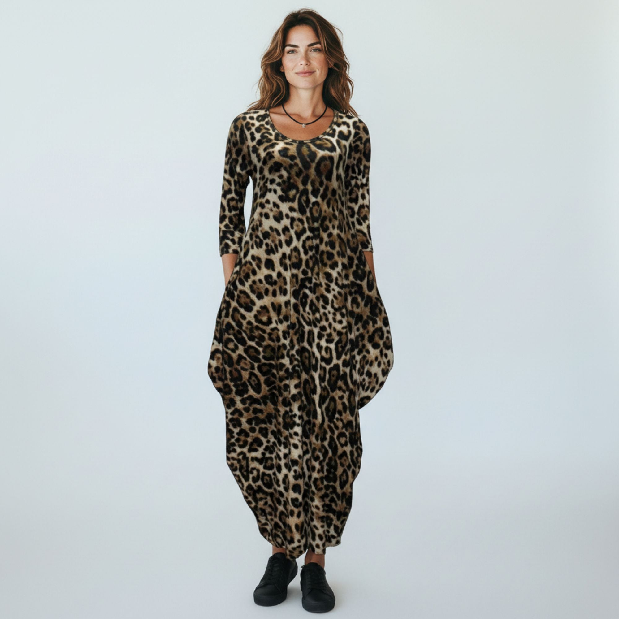 HH645R-P1 Printed Relaxed Fit Draped Maxi Dress with Pockets