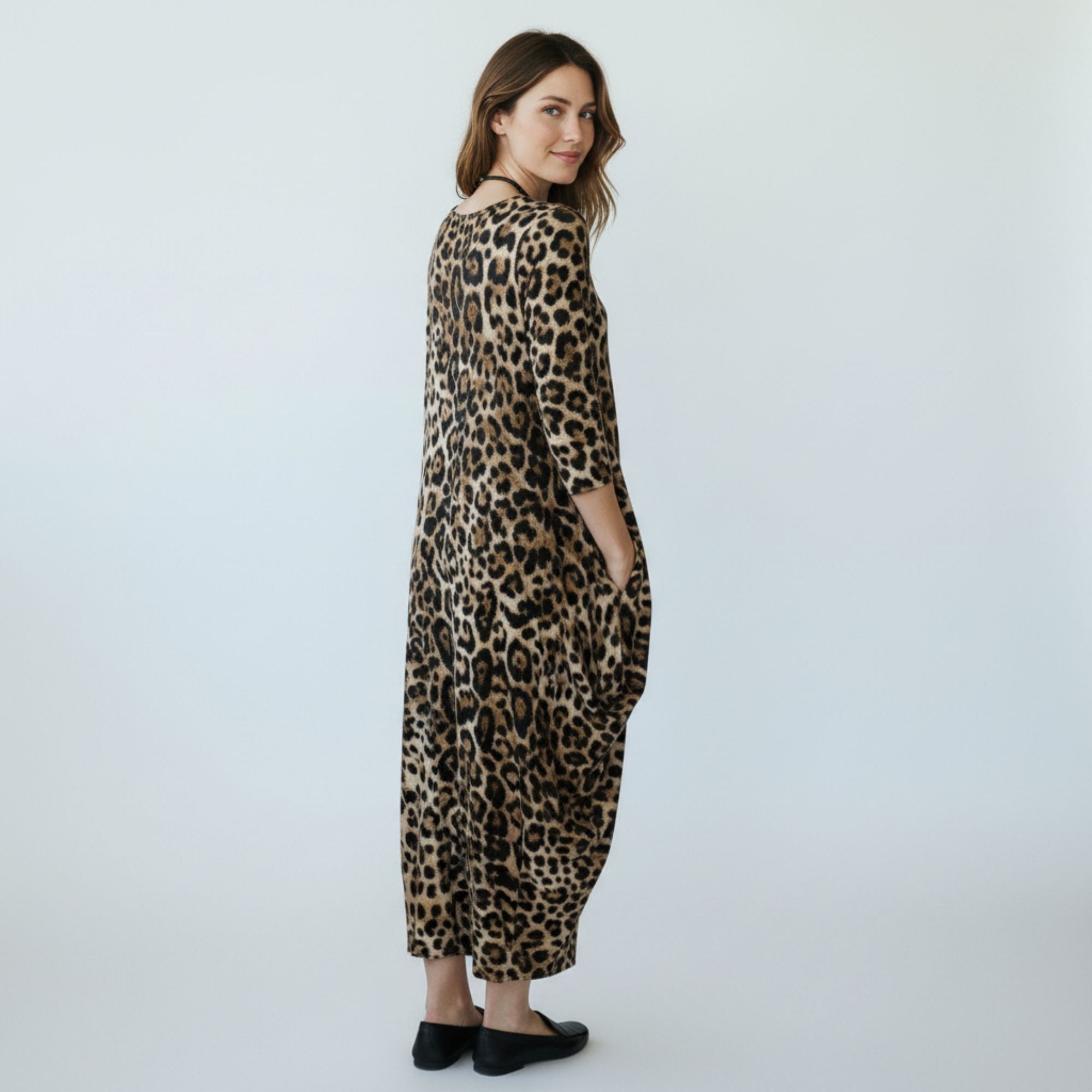 HH645R-P1 Printed Relaxed Fit Draped Maxi Dress with Pockets