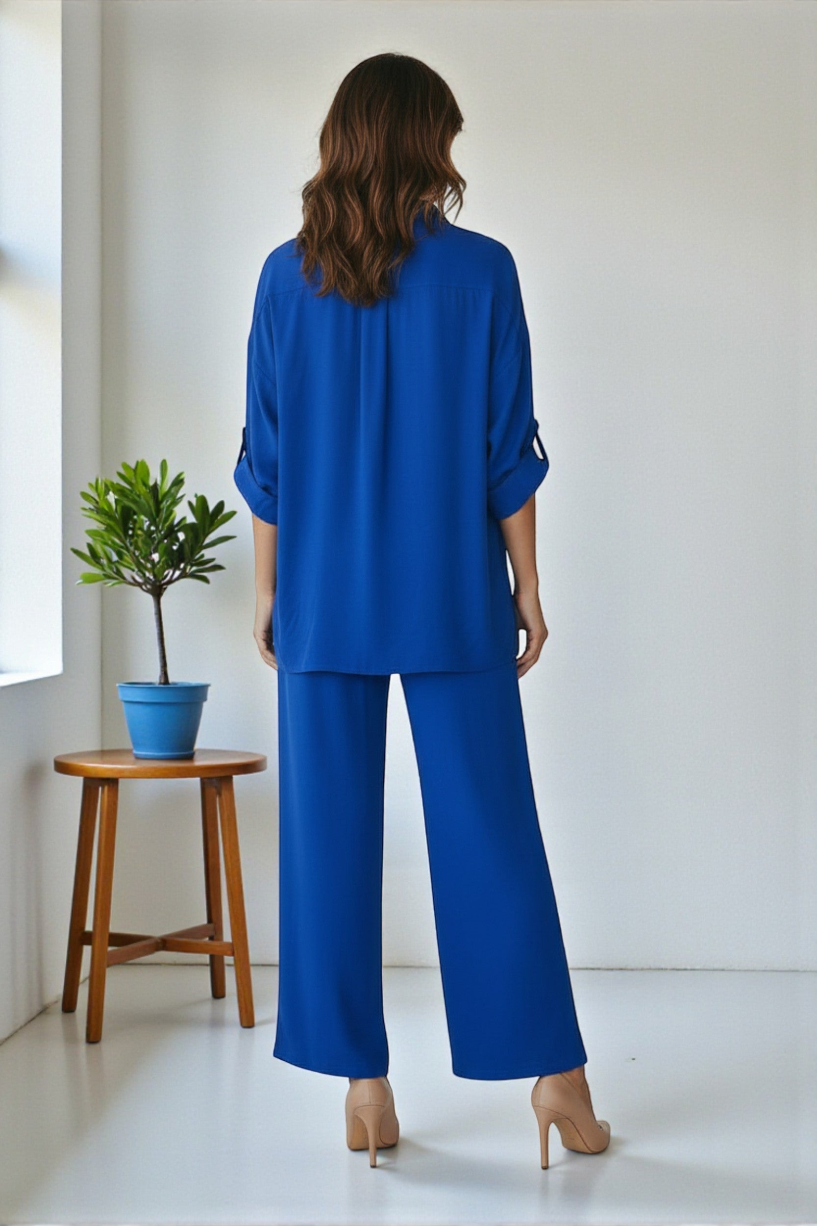 25613-R Lace-Up Relaxed Blouse & Wide-Leg Pant Set