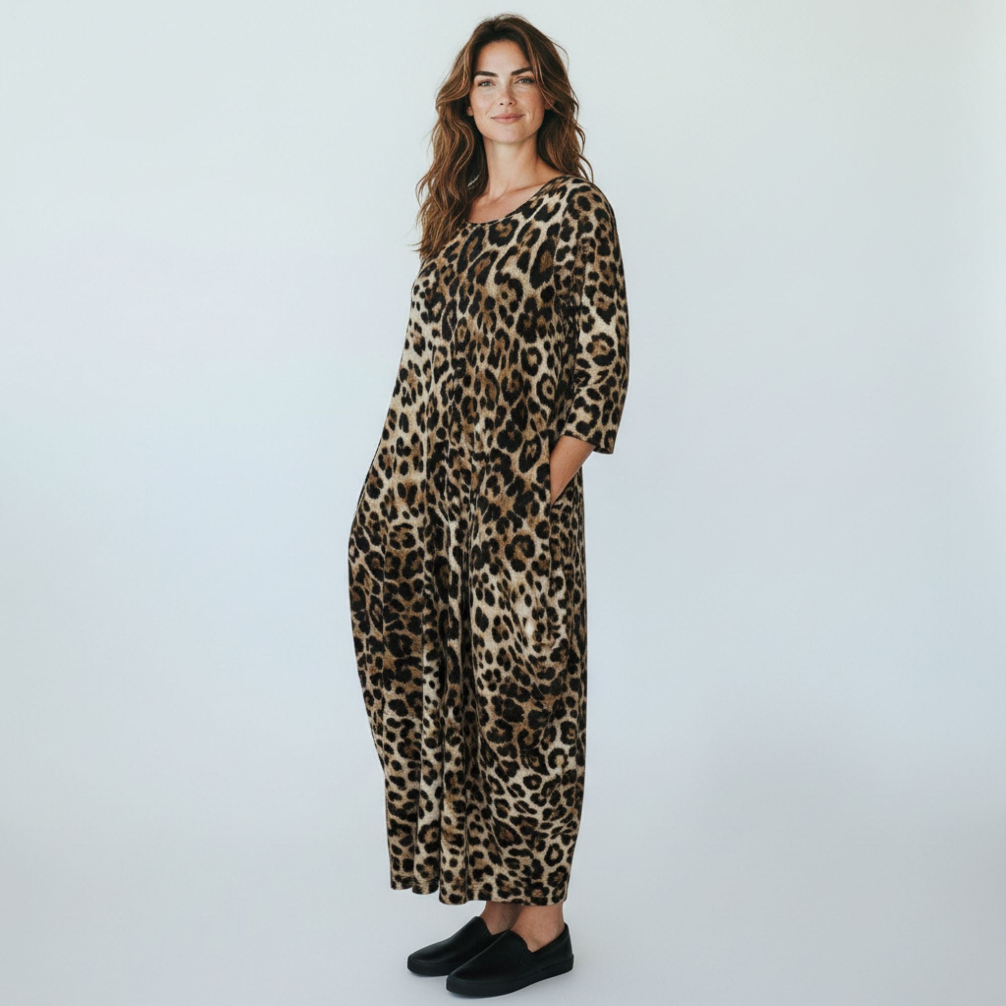 HH645R-P1 Printed Relaxed Fit Draped Maxi Dress with Pockets