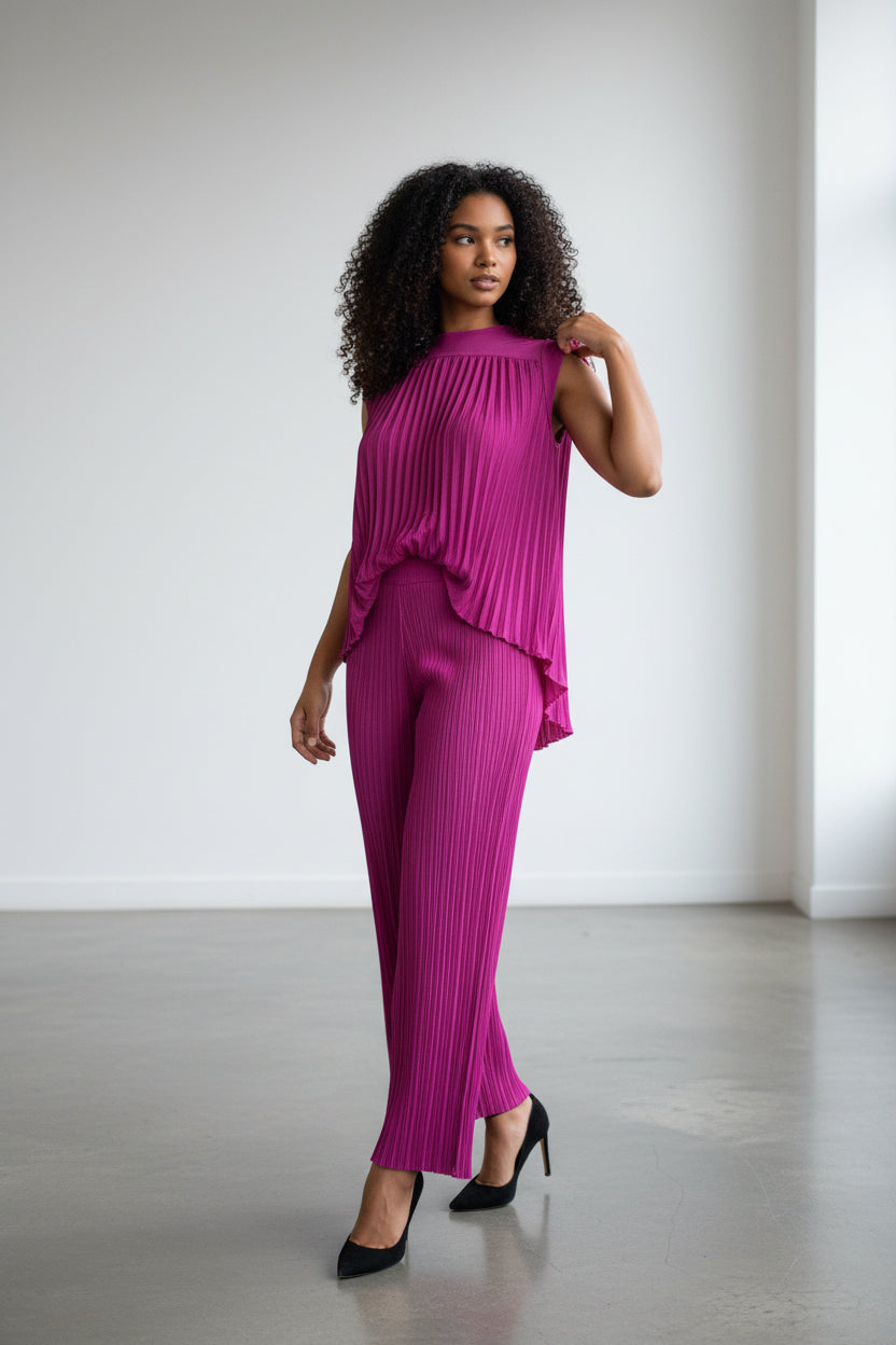 S25639-R 2PCS PLEATED TOP PANTS SET