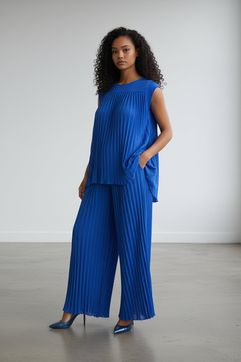 S25639-R 2PCS PLEATED TOP PANTS SET