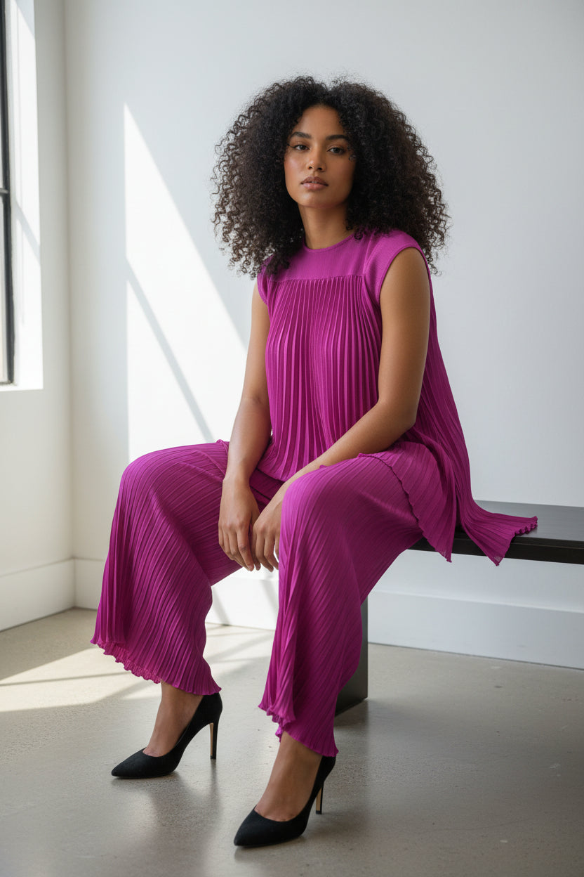 S25639-R 2PCS PLEATED TOP PANTS SET